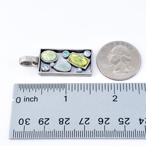 Vintage Silver Plate Blue Green Glass Crystal Rhinestone Modernist Pendant - Picture 6 of 6